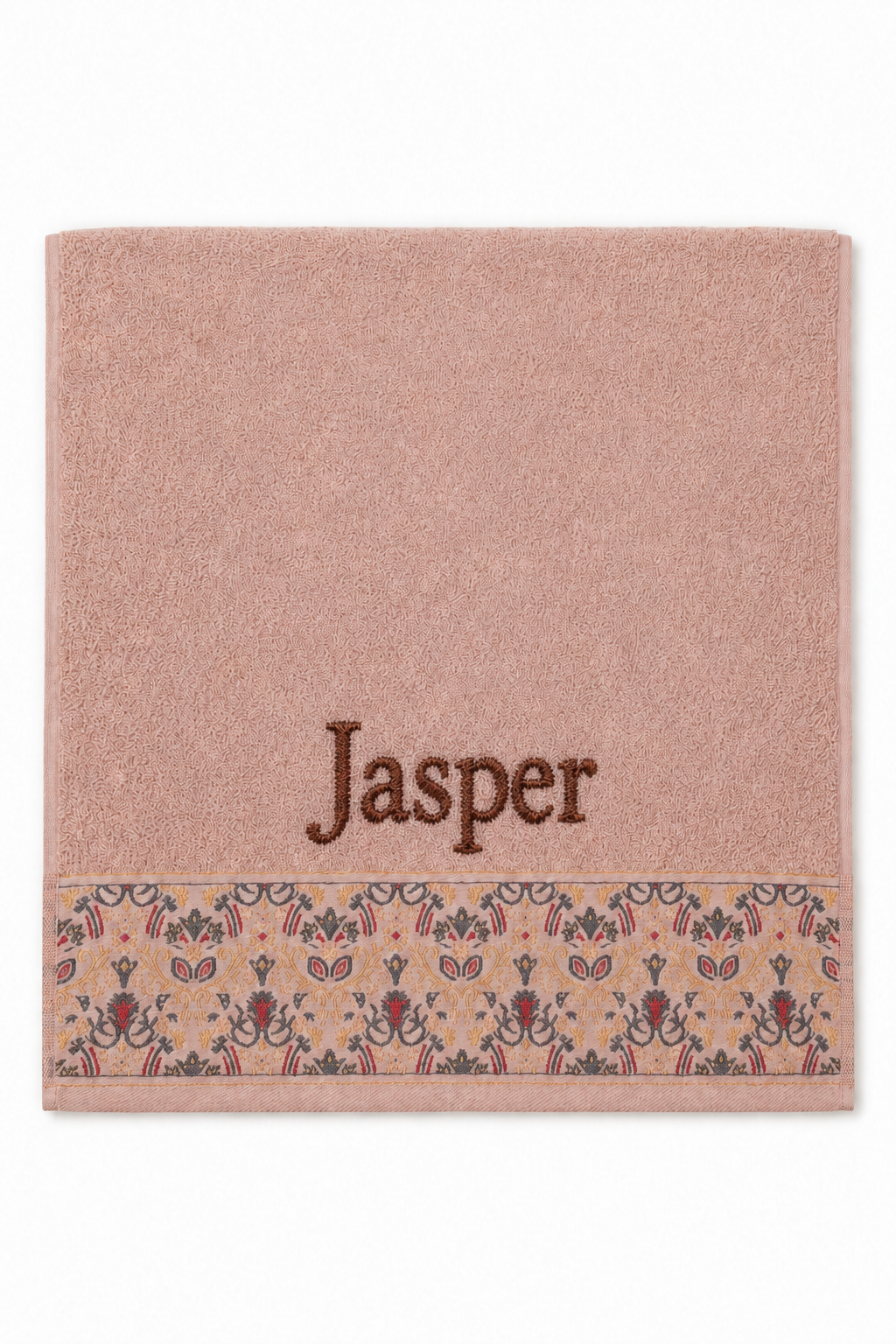 Jasper personalized hair towel, chocolate brown serif embroidery on blush pink cotton with a patterned border