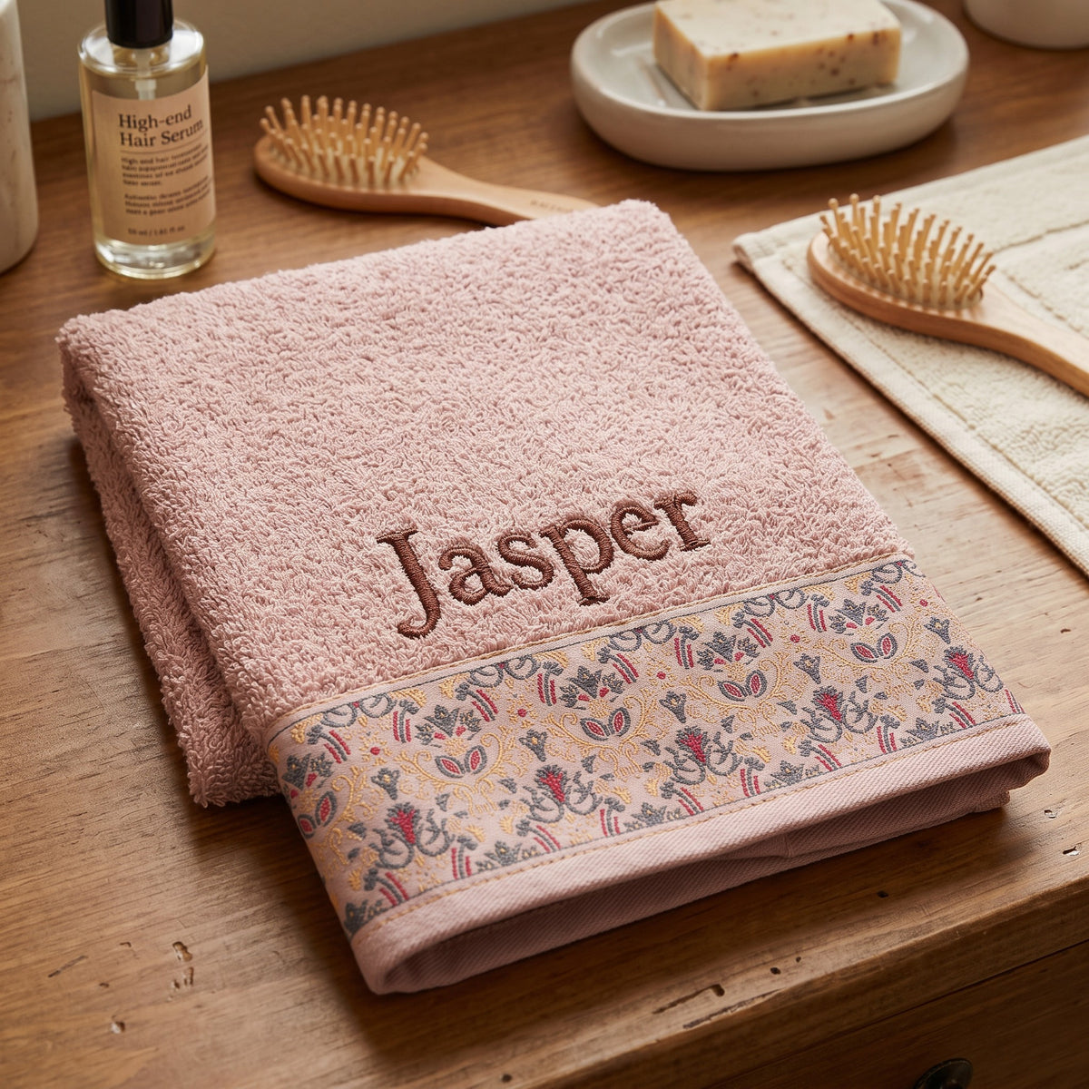 Jasper personalized hair towel, chocolate brown serif embroidery on blush pink cotton with a patterned border — photo 3