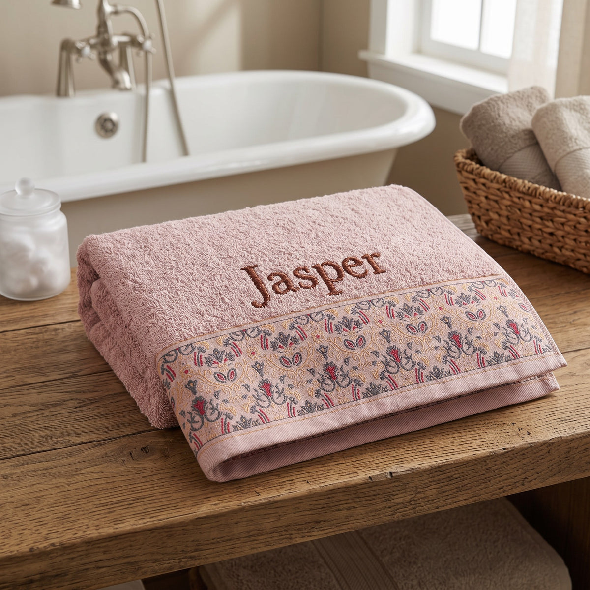 Jasper personalized hair towel, chocolate brown serif embroidery on blush pink cotton with a patterned border — photo 4