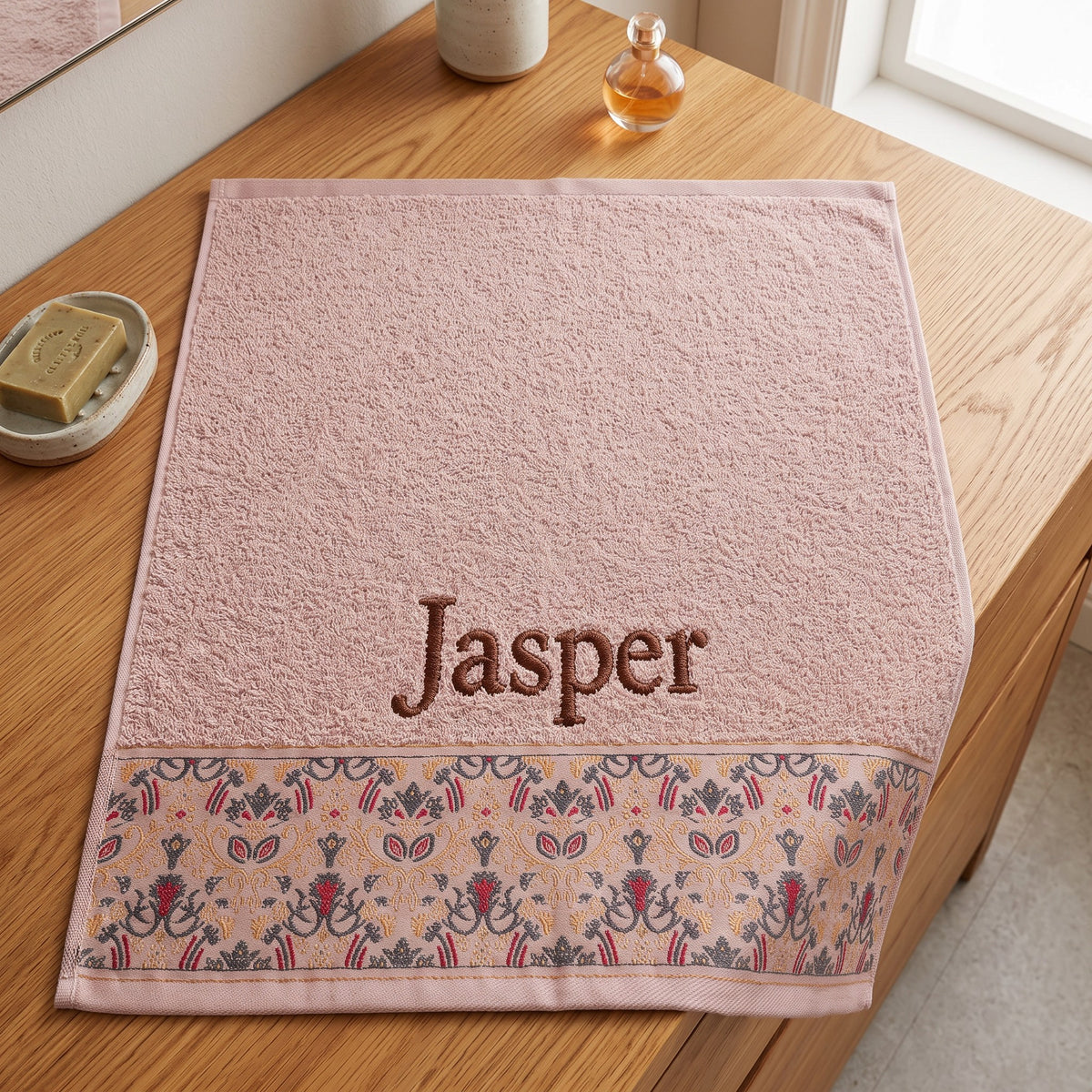 Jasper personalized hair towel, chocolate brown serif embroidery on blush pink cotton with a patterned border — photo 5