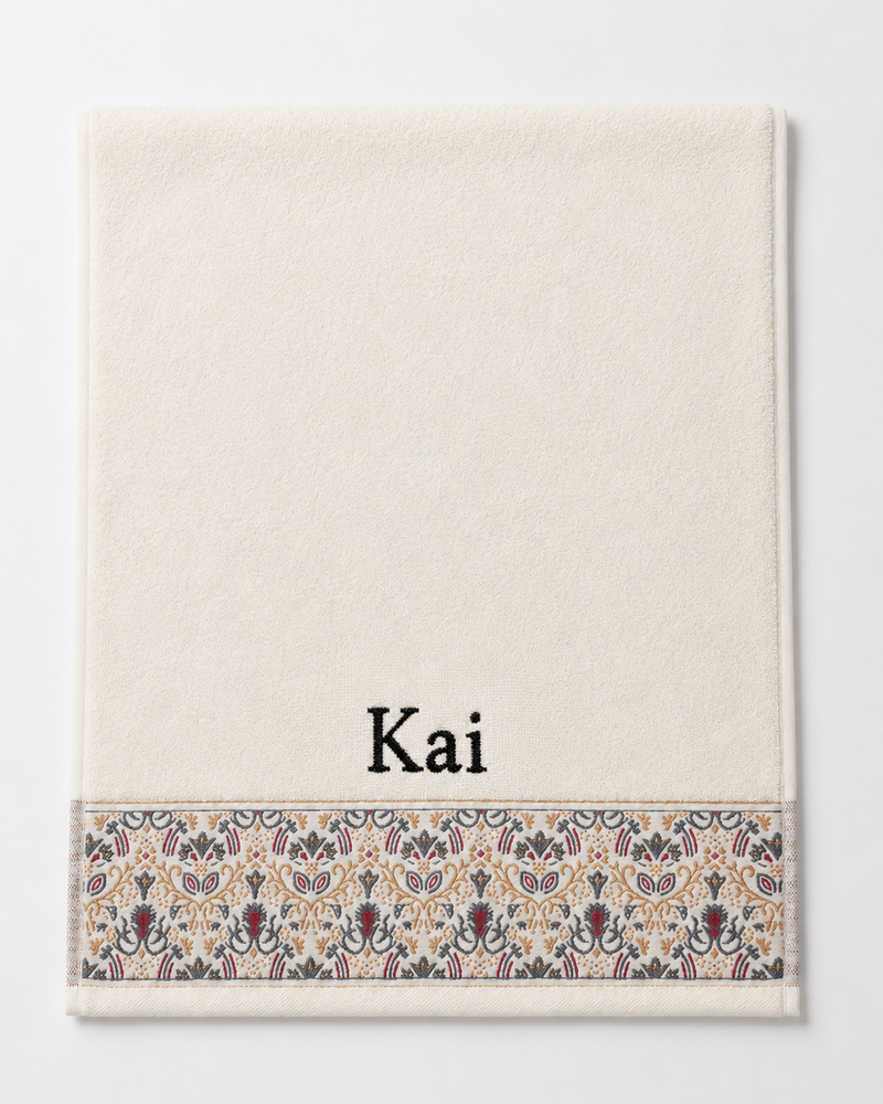 Kai Embroidered Hair Towel | Personalized Patterned Cotton Towel, Black Serif on Ivory