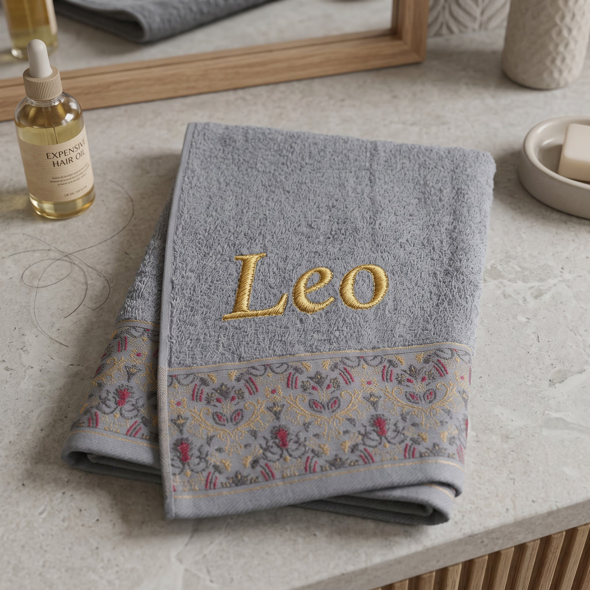 Leo personalized hair towel, gold serif embroidery on light gray cotton with a patterned border — photo 2