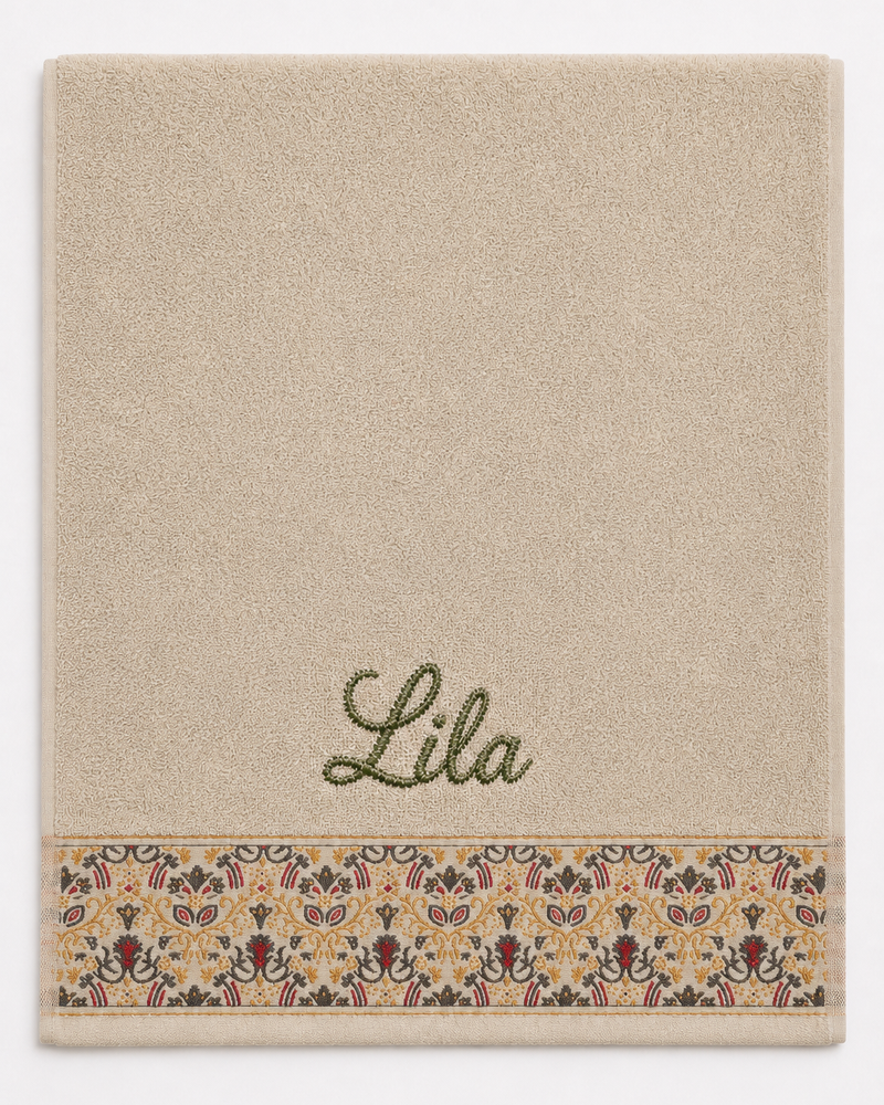 Wholesale Lila Embroidered Hair Towel in Cream | Bulk Personalized Cotton Towels, 25+ Pieces