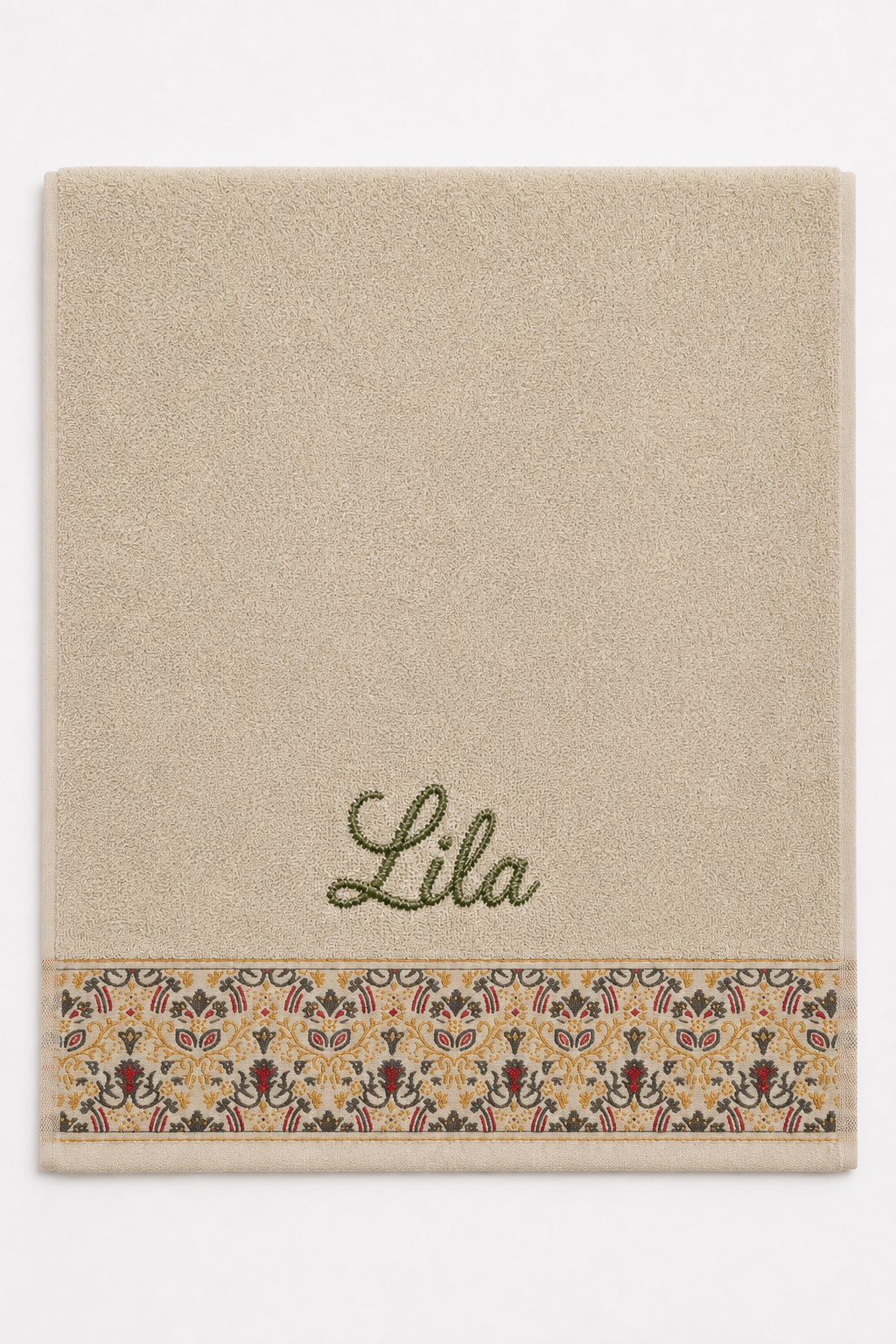 Lila personalized hair towel, olive green script embroidery on cream cotton with a patterned border