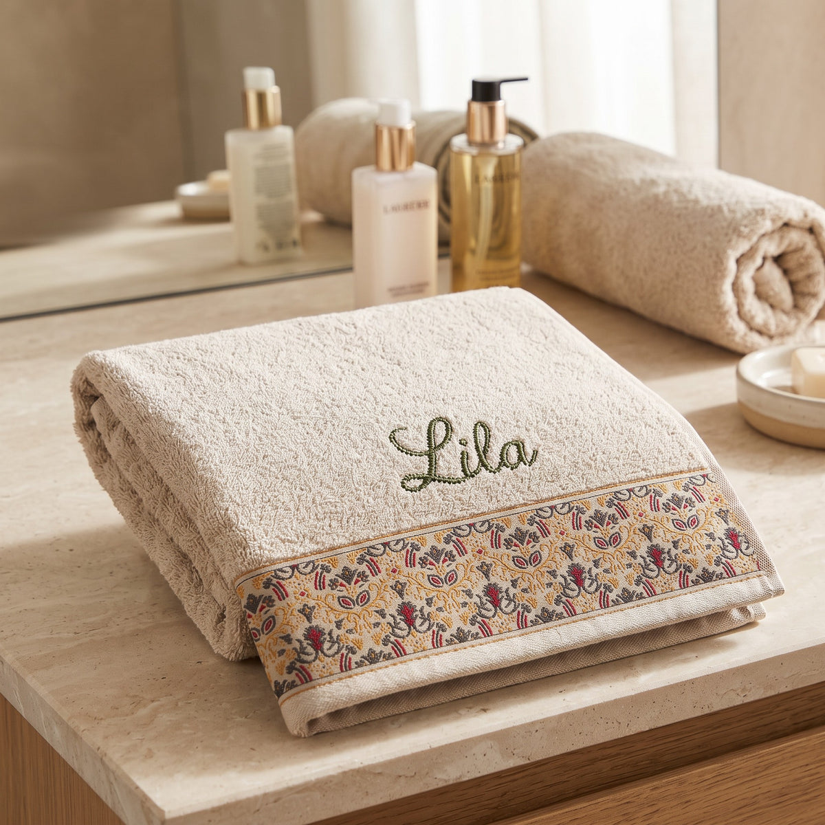 Lila personalized hair towel, olive green script embroidery on cream cotton with a patterned border — photo 2