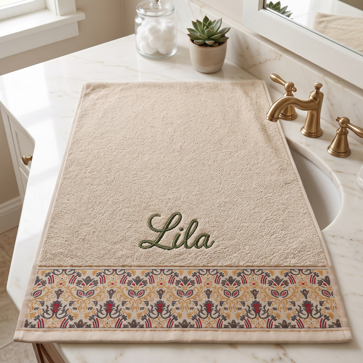 Lila personalized hair towel, olive green script embroidery on cream cotton with a patterned border — photo 7