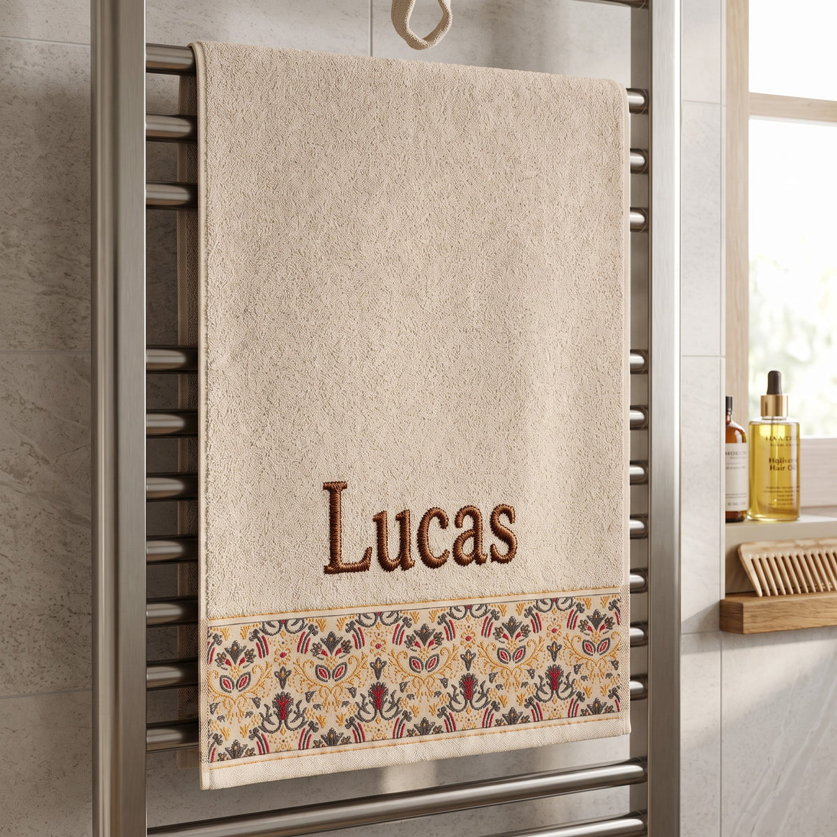Lucas personalized hair towel, brown serif embroidery on cream cotton with a patterned border — photo 2