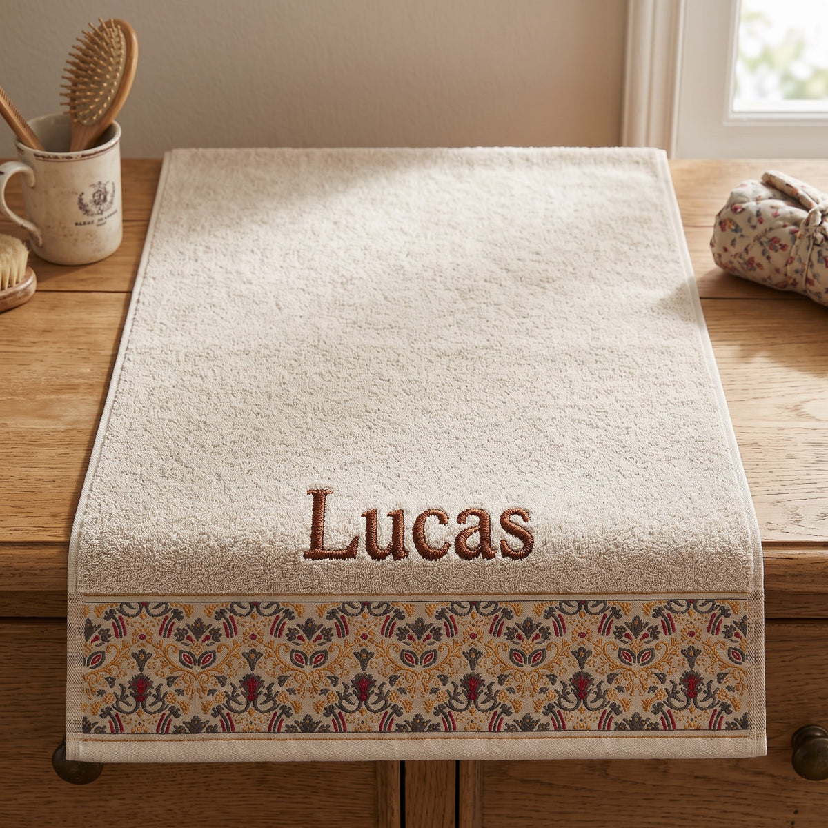 Lucas personalized hair towel, brown serif embroidery on cream cotton with a patterned border — photo 3