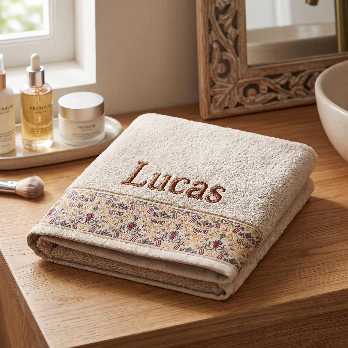 Lucas personalized hair towel, brown serif embroidery on cream cotton with a patterned border — photo 4