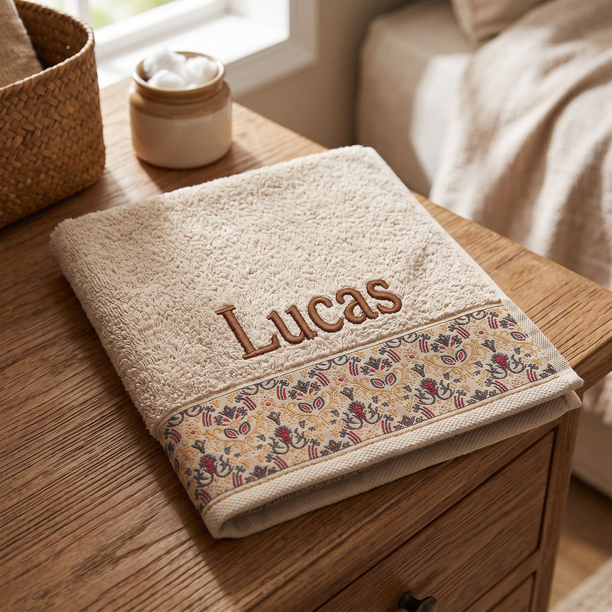 Lucas personalized hair towel, brown serif embroidery on cream cotton with a patterned border — photo 6