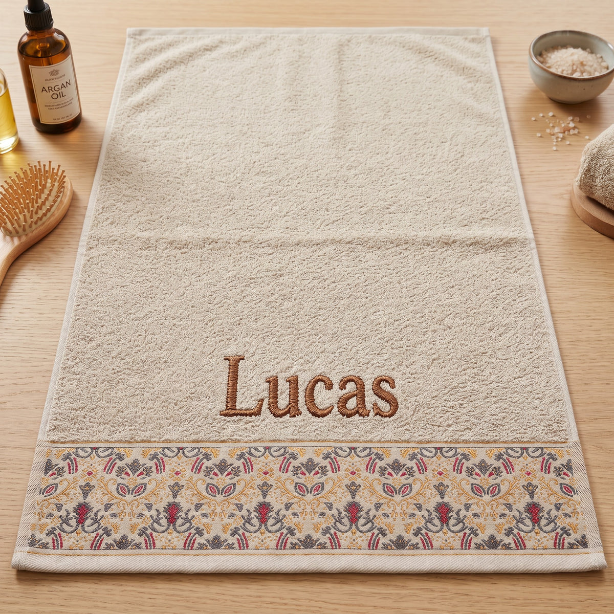 Lucas personalized hair towel, brown serif embroidery on cream cotton with a patterned border — photo 7
