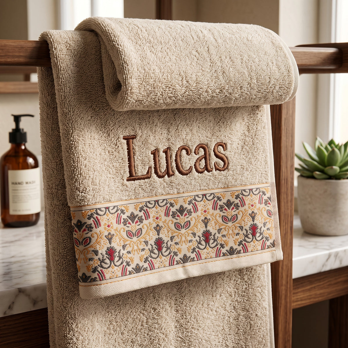 Lucas personalized hair towel, brown serif embroidery on cream cotton with a patterned border — photo 8