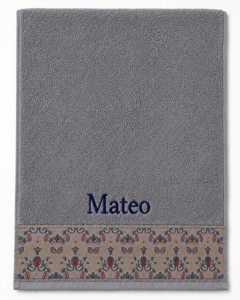 Mateo Embroidered Hair Towel | Personalized Patterned Cotton Towel, Navy Serif on Light Gray