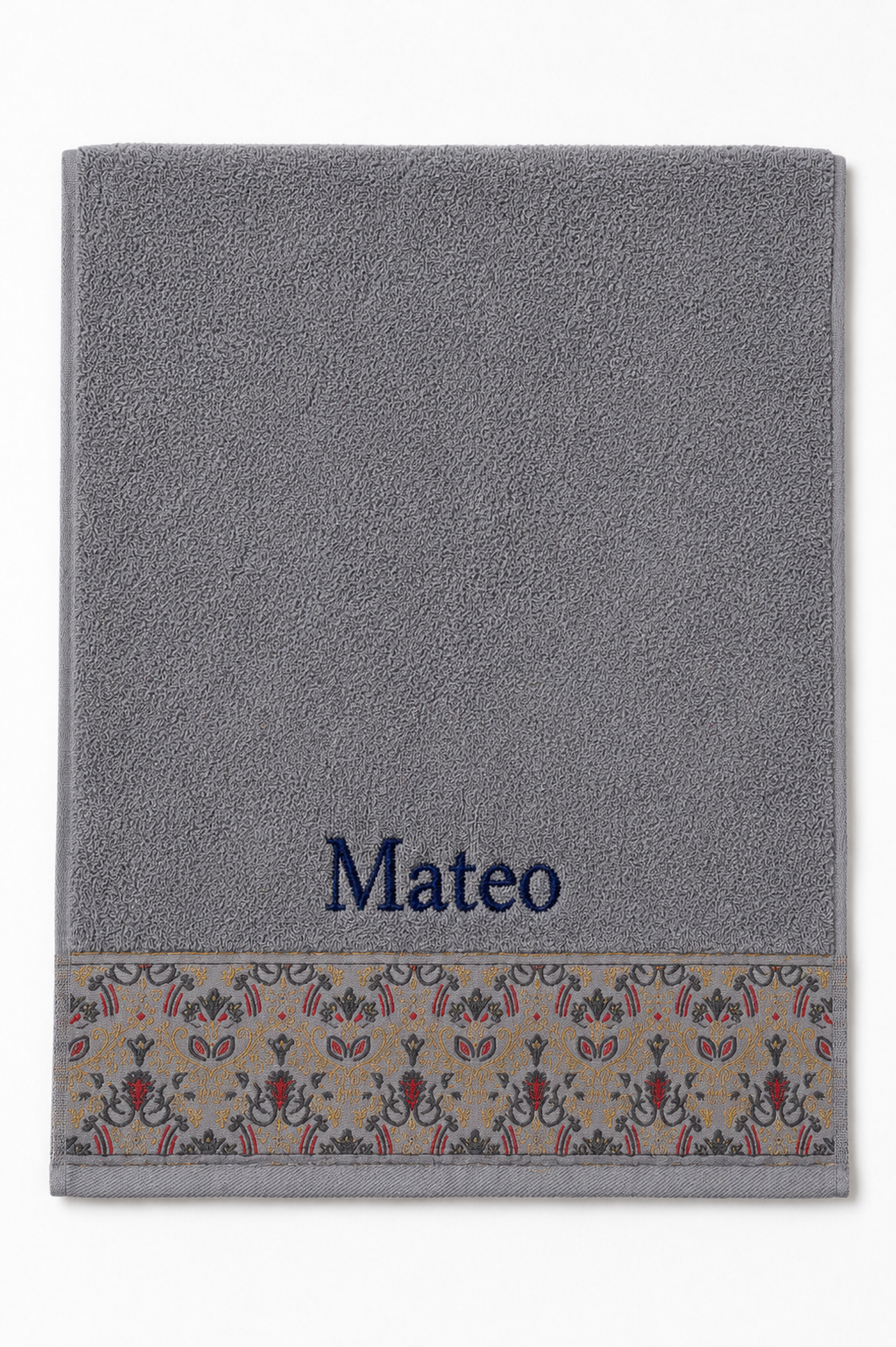 Mateo personalized hair towel, navy serif embroidery on light gray cotton with a patterned border
