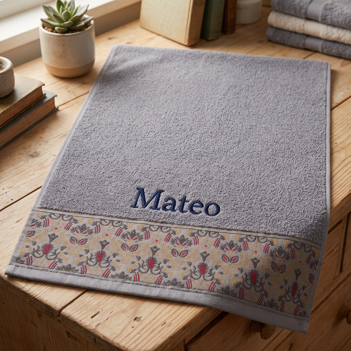 Mateo personalized hair towel, navy serif embroidery on light gray cotton with a patterned border — photo 2