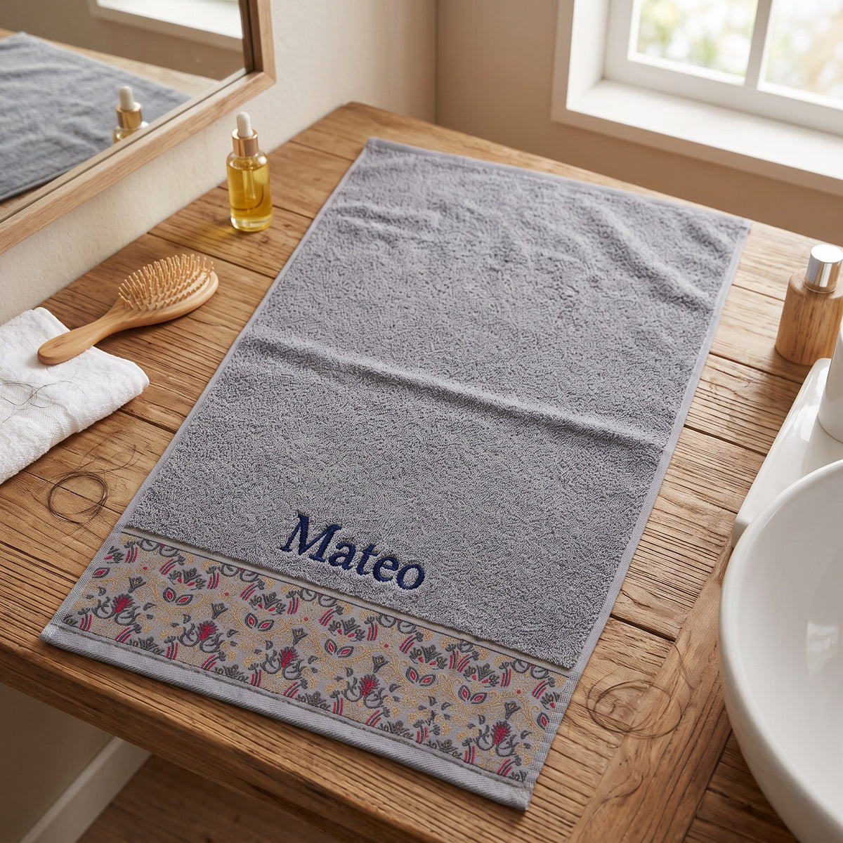 Mateo personalized hair towel, navy serif embroidery on light gray cotton with a patterned border — photo 3