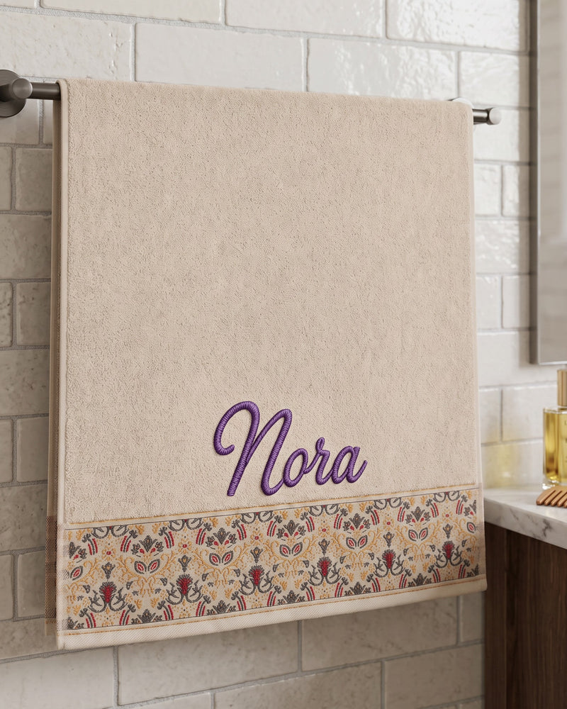 Nora Embroidered Hair Towel | Personalized Patterned Cotton Towel, Purple Script on Cream