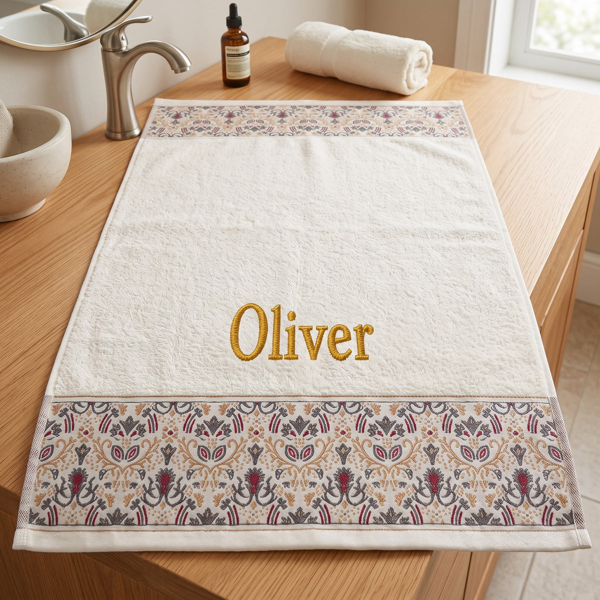Oliver personalized hair towel, gold serif embroidery on ivory cotton with a patterned border — photo 2
