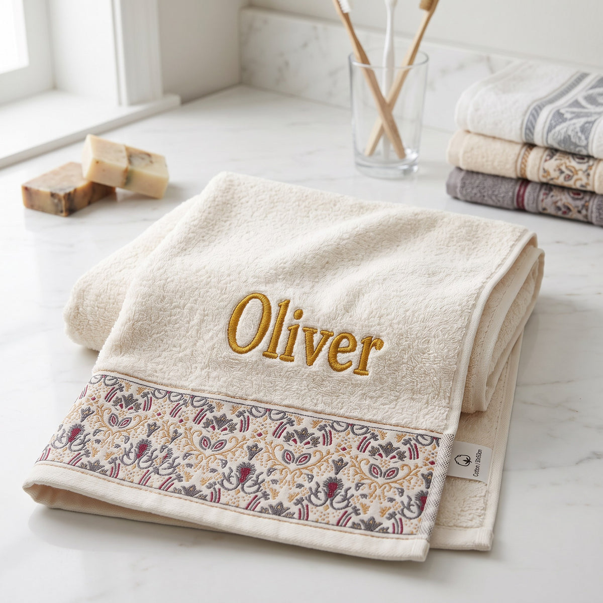Oliver personalized hair towel, gold serif embroidery on ivory cotton with a patterned border — photo 4