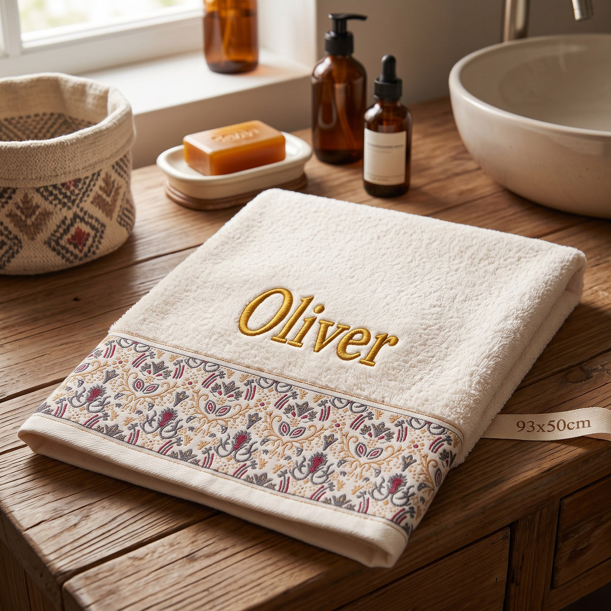 Oliver personalized hair towel, gold serif embroidery on ivory cotton with a patterned border — photo 5
