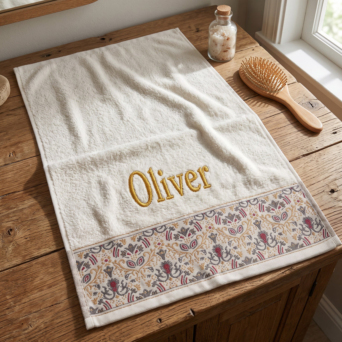 Oliver personalized hair towel, gold serif embroidery on ivory cotton with a patterned border — photo 6