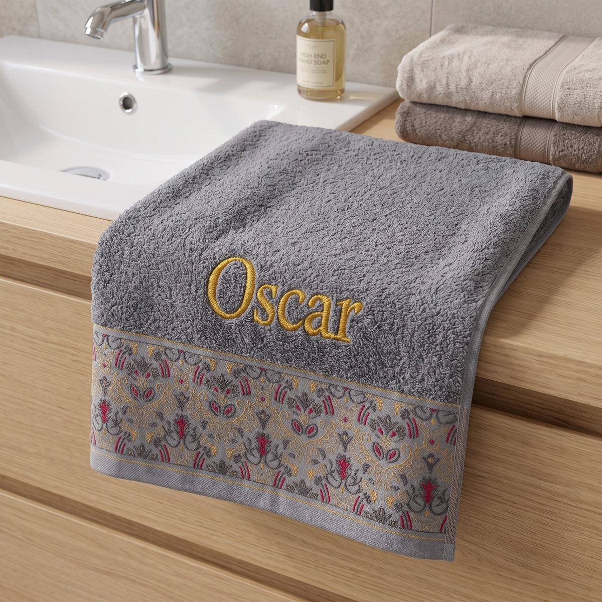 Oscar personalized hair towel, gold serif embroidery on light gray cotton with a patterned border — photo 2