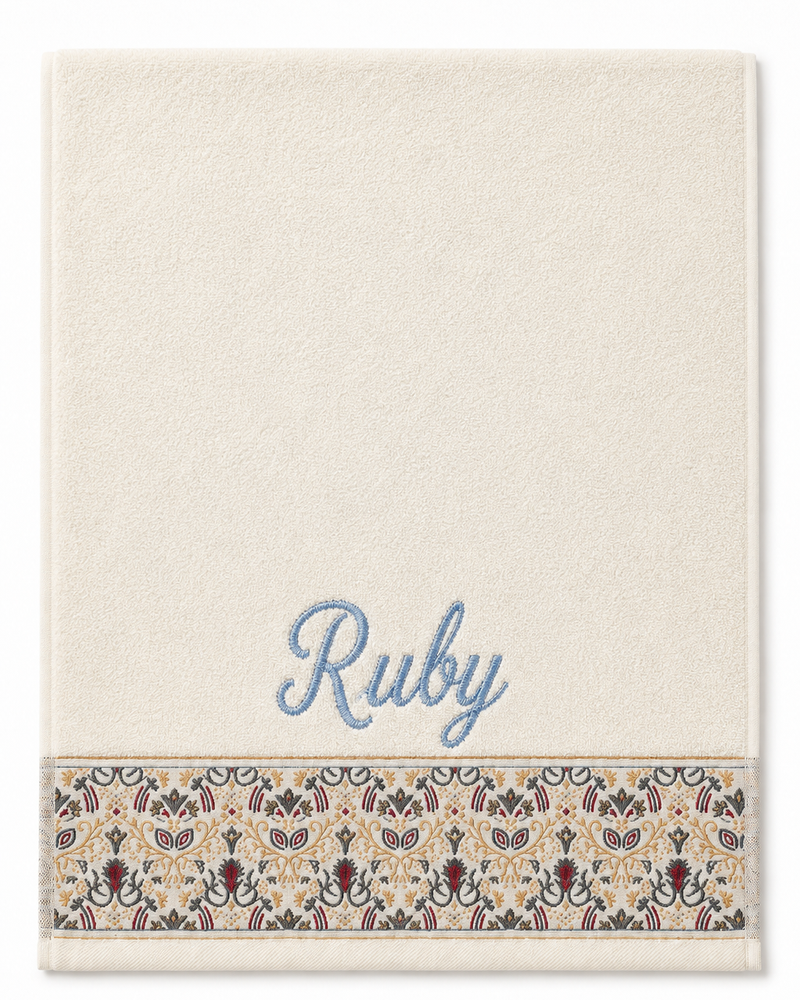 Wholesale Ruby Embroidered Hair Towel in Ivory | Bulk Personalized Cotton Towels, 25+ Pieces