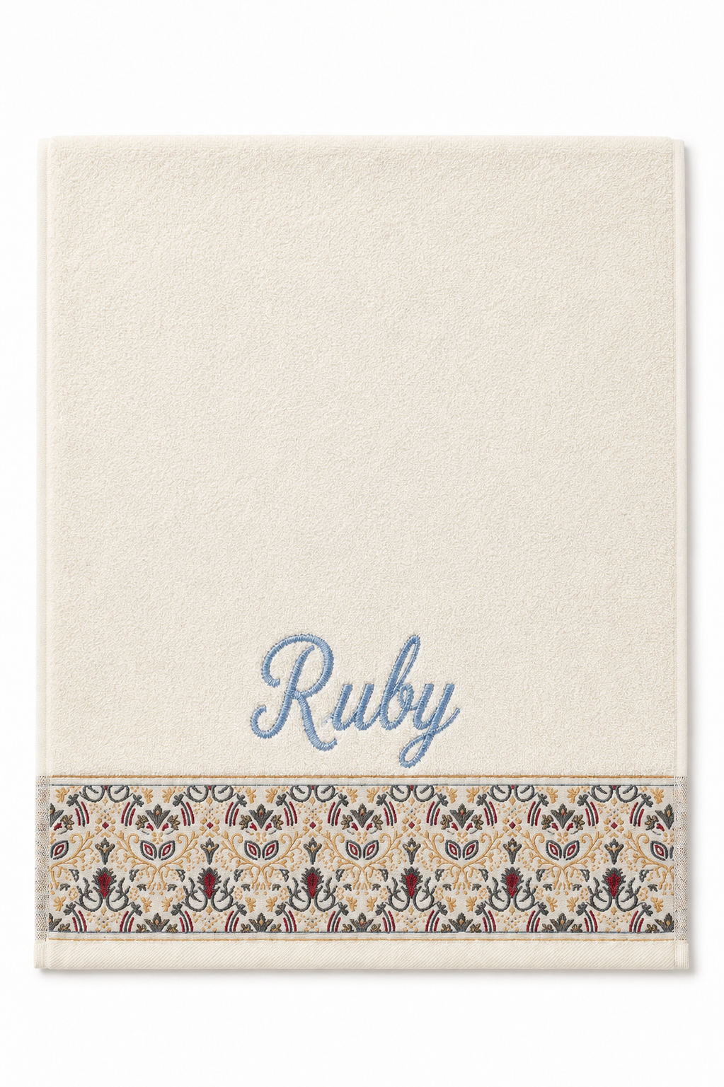 Ruby personalized hair towel, light blue script embroidery on ivory cotton with a patterned border