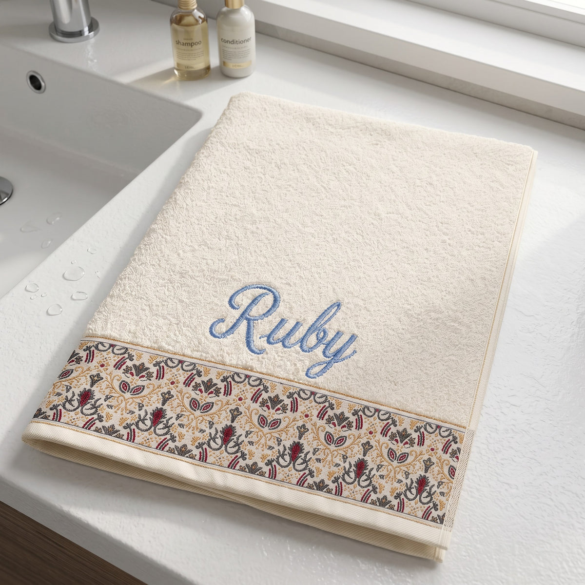 Ruby personalized hair towel, light blue script embroidery on ivory cotton with a patterned border — photo 3