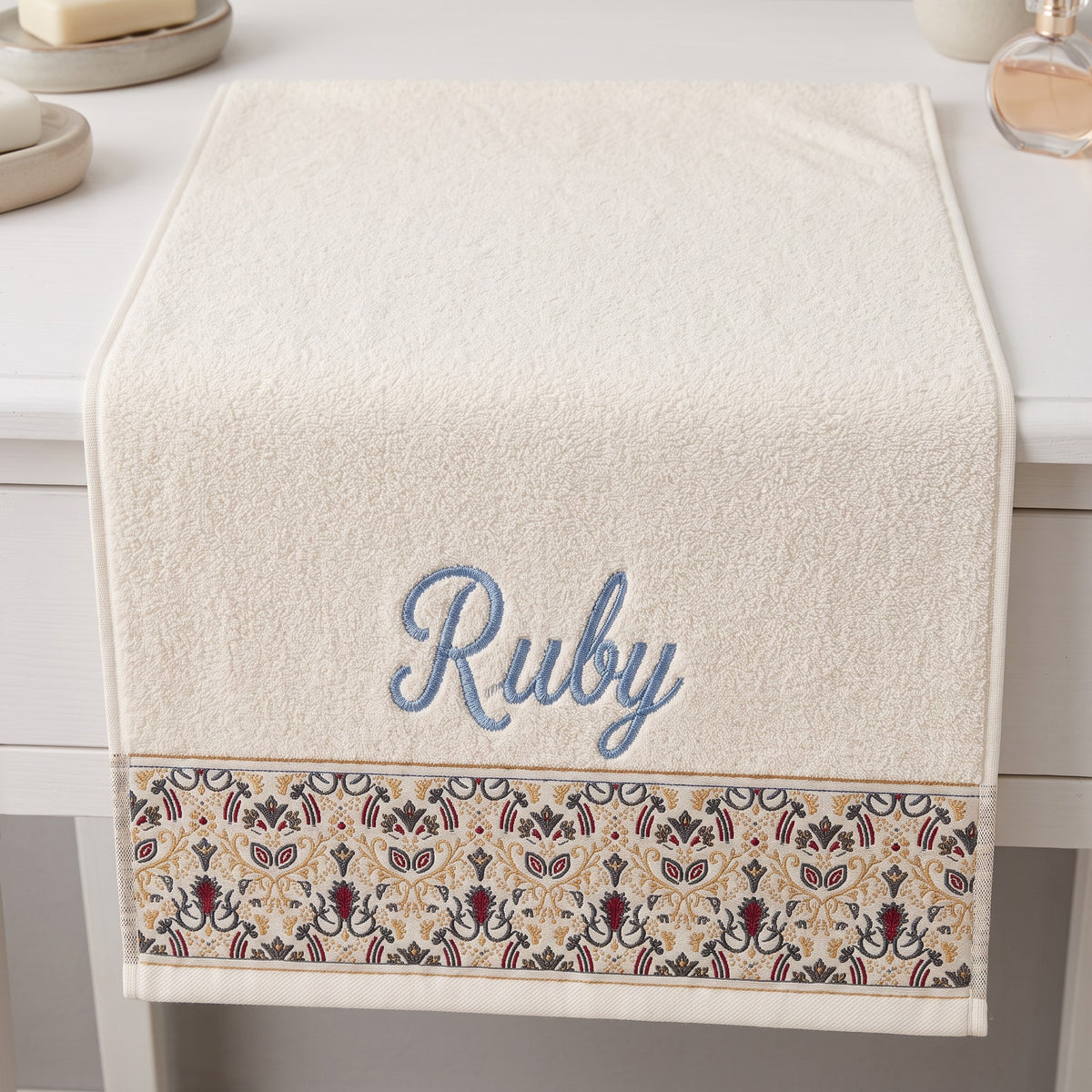 Ruby personalized hair towel, light blue script embroidery on ivory cotton with a patterned border — photo 5