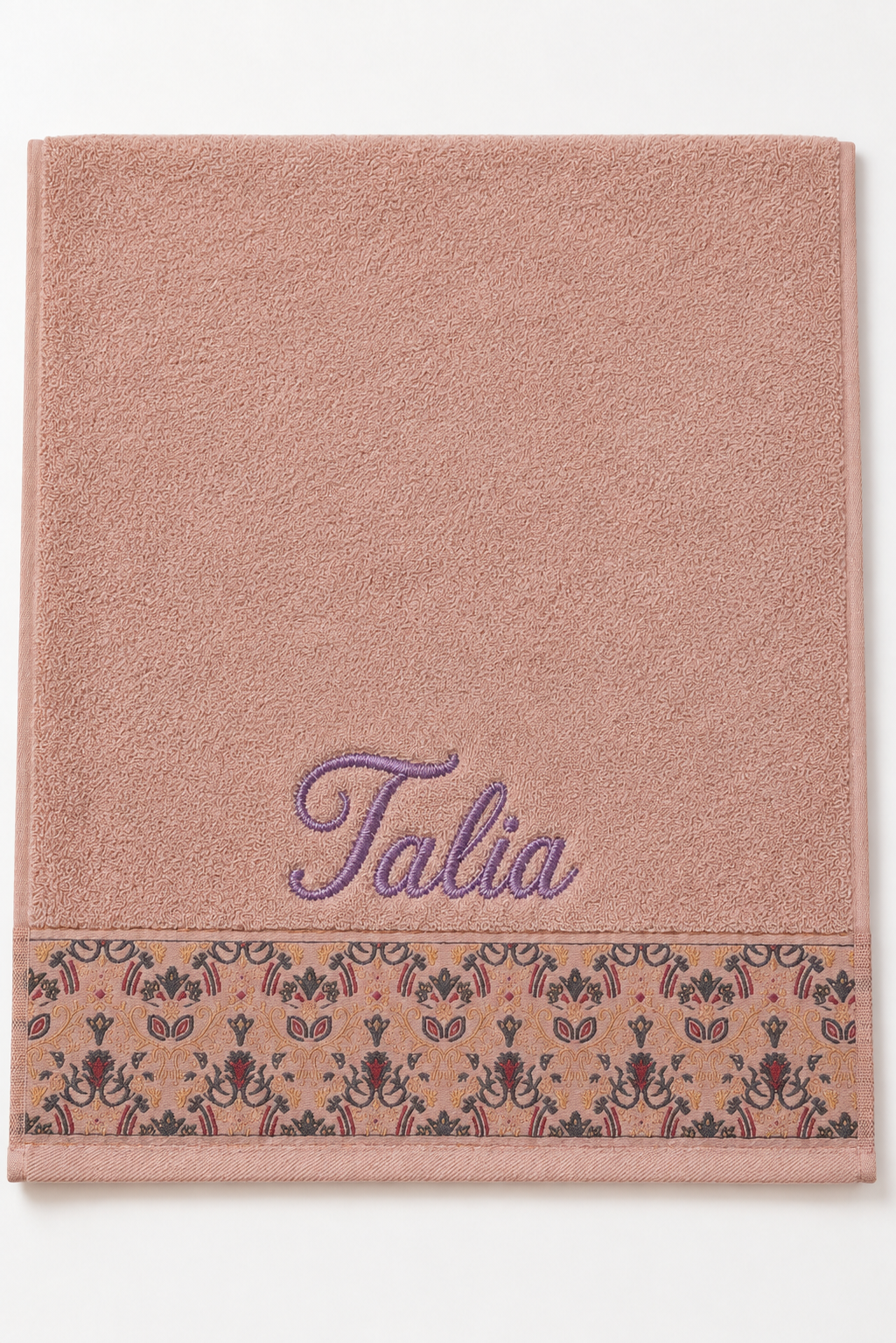 Talia personalized hair towel, lavender script embroidery on blush pink cotton with a patterned border