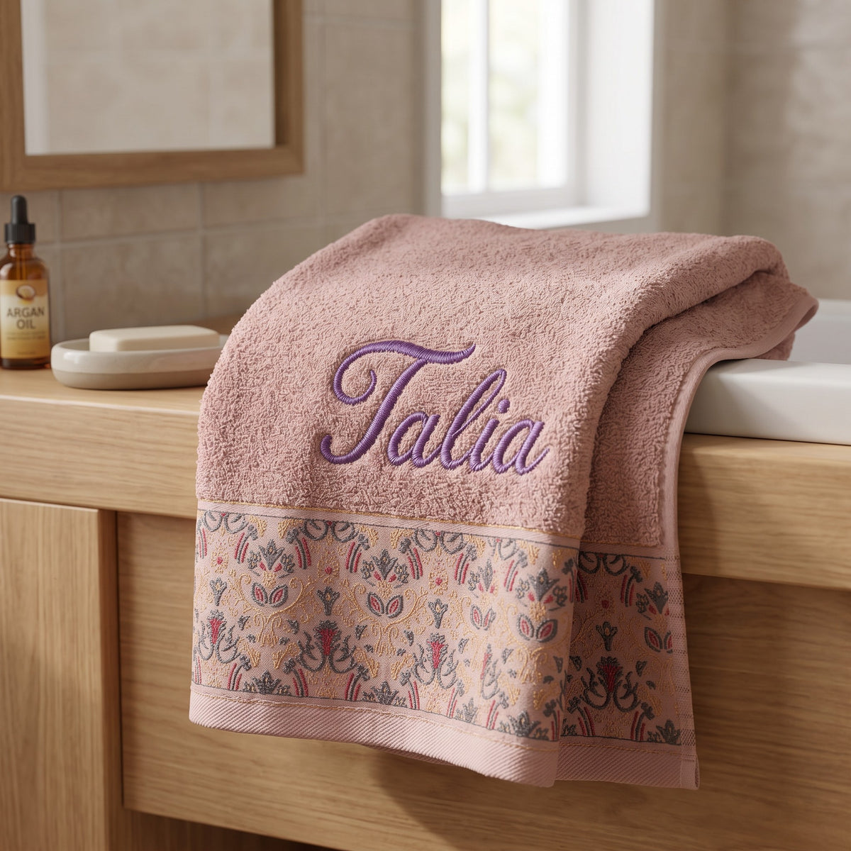 Talia personalized hair towel, lavender script embroidery on blush pink cotton with a patterned border — photo 2
