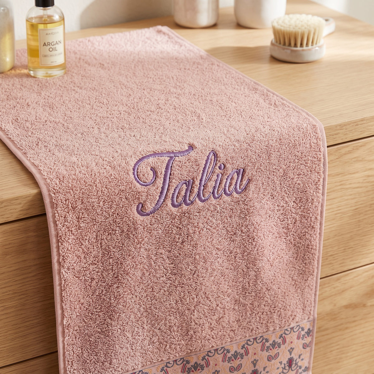 Talia personalized hair towel, lavender script embroidery on blush pink cotton with a patterned border — photo 3
