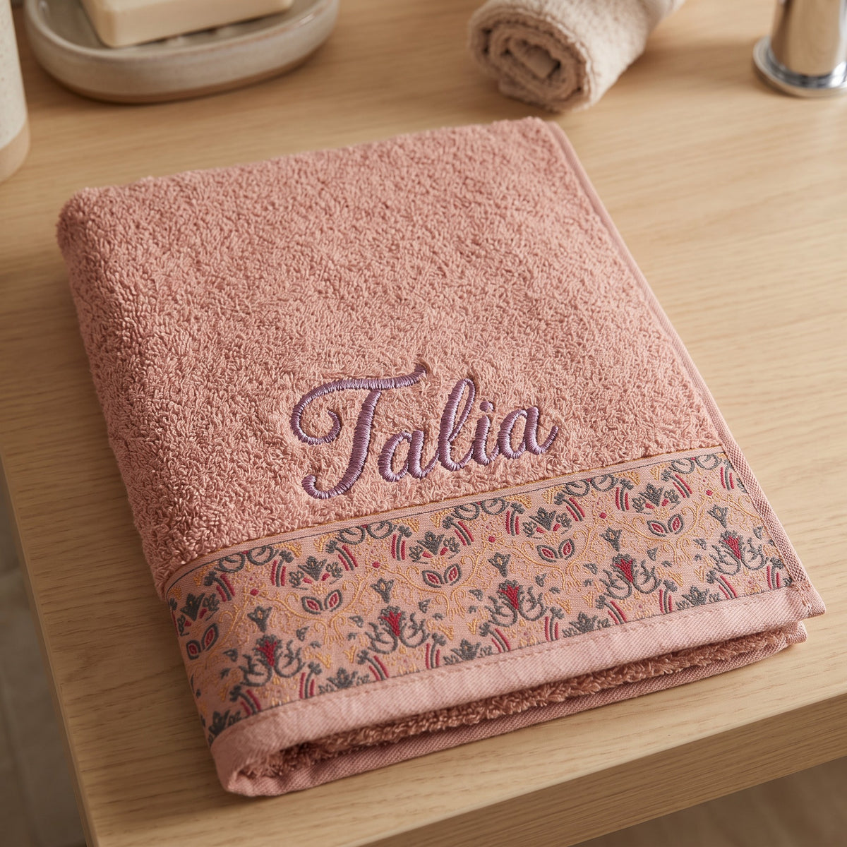 Talia personalized hair towel, lavender script embroidery on blush pink cotton with a patterned border — photo 4