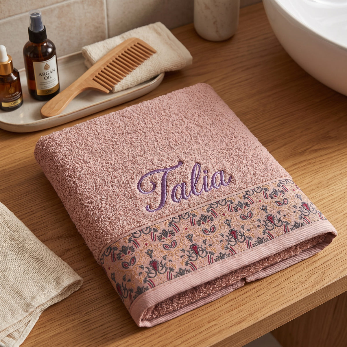 Talia personalized hair towel, lavender script embroidery on blush pink cotton with a patterned border — photo 5