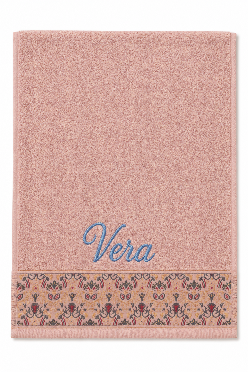 Vera personalized hair towel, blue script embroidery on blush pink cotton with a patterned border