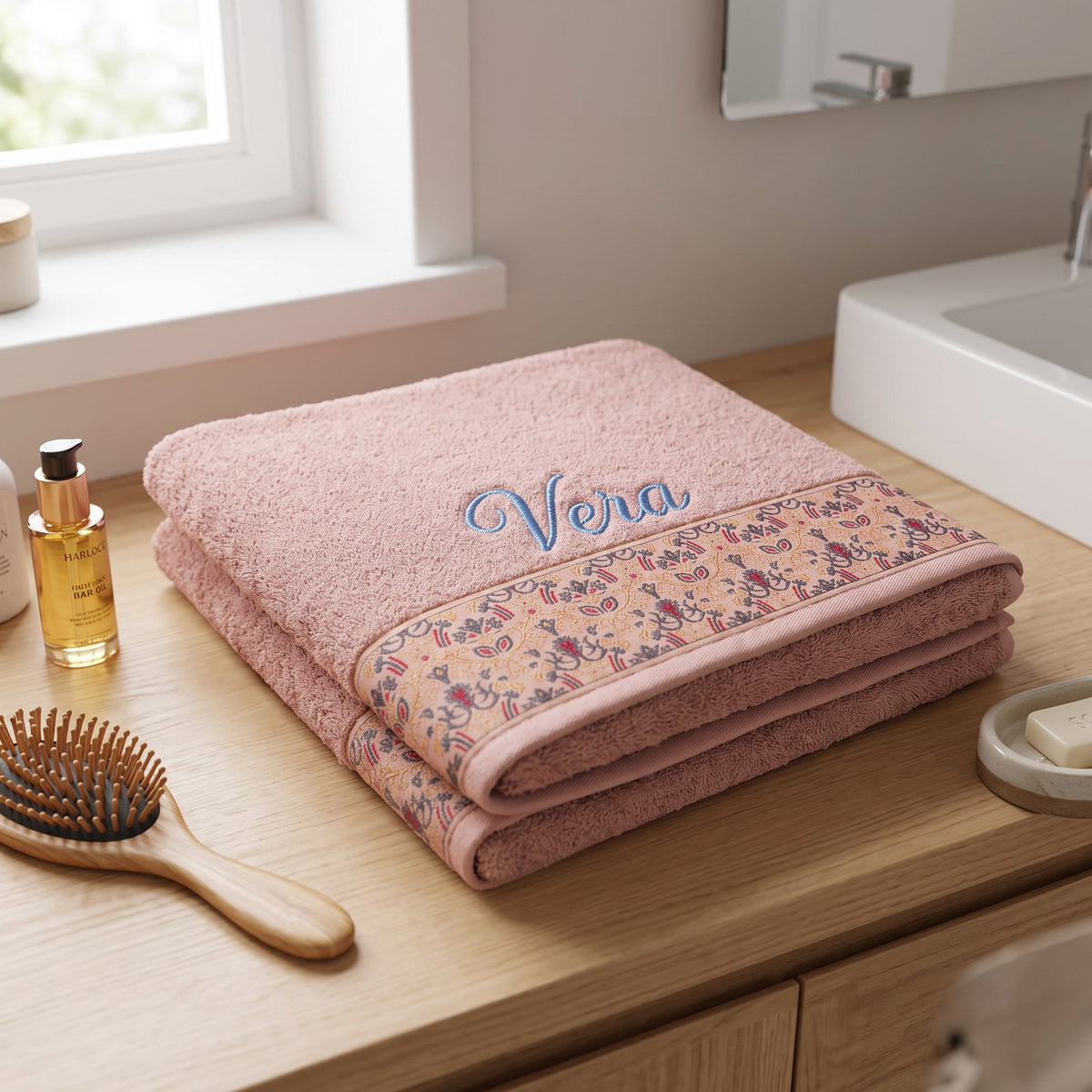 Vera personalized hair towel, blue script embroidery on blush pink cotton with a patterned border — photo 2