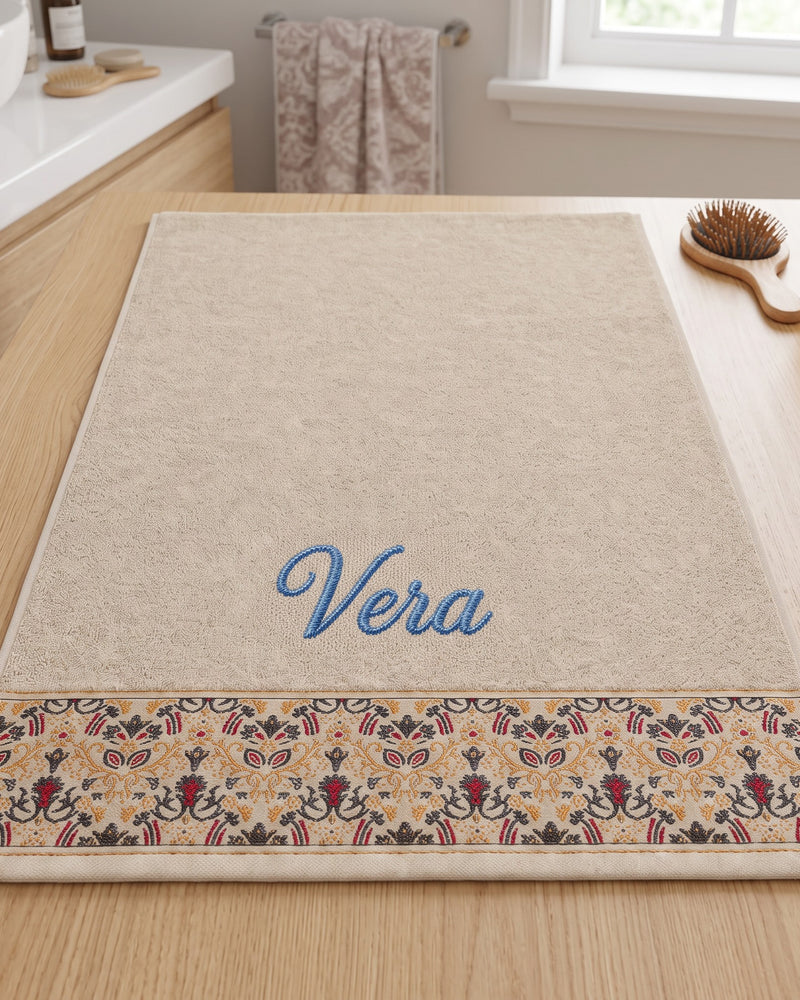 Vera Embroidered Hair Towel | Personalized Patterned Cotton Towel, Blue Script on Cream