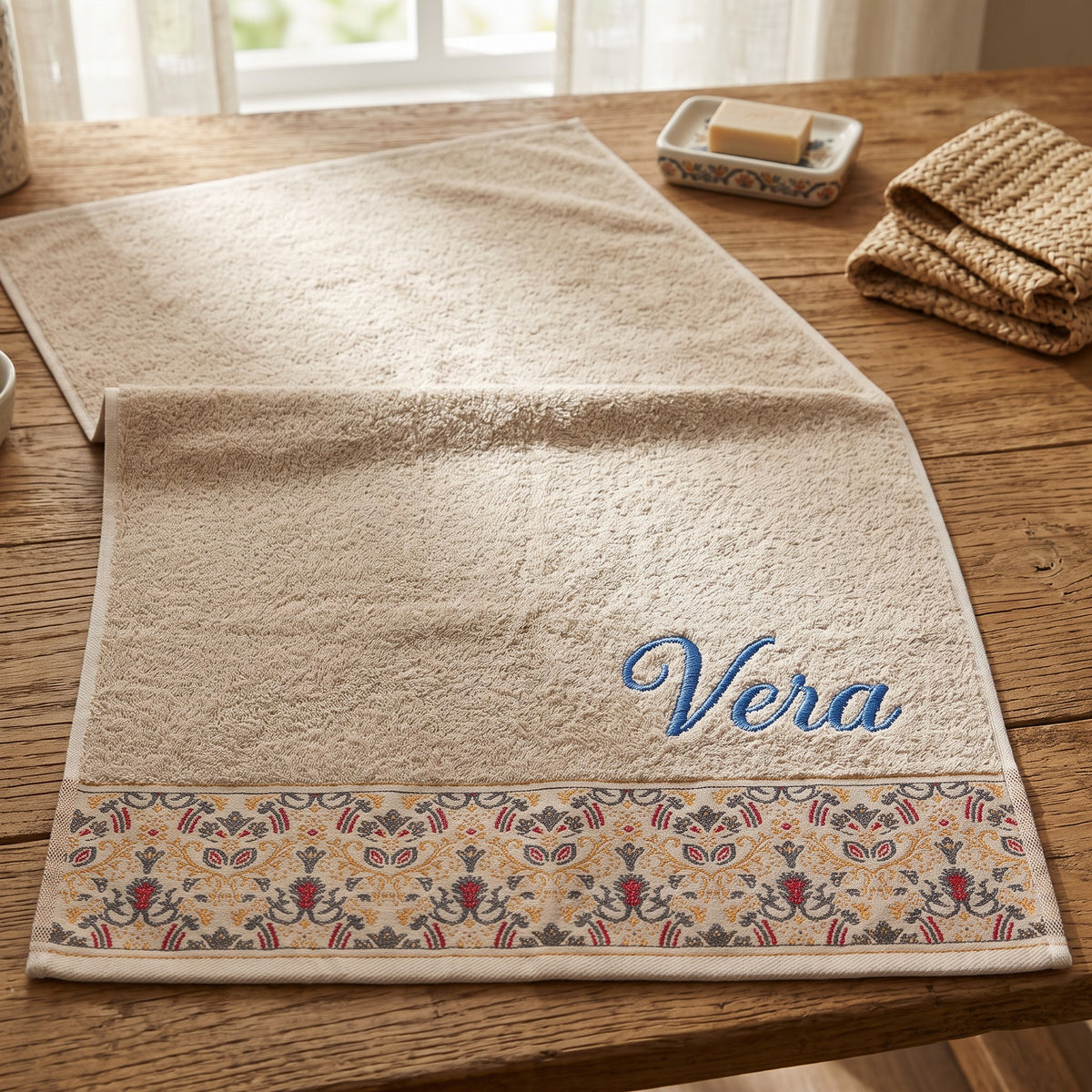 Vera personalized hair towel, blue script embroidery on cream cotton with a patterned border — photo 2