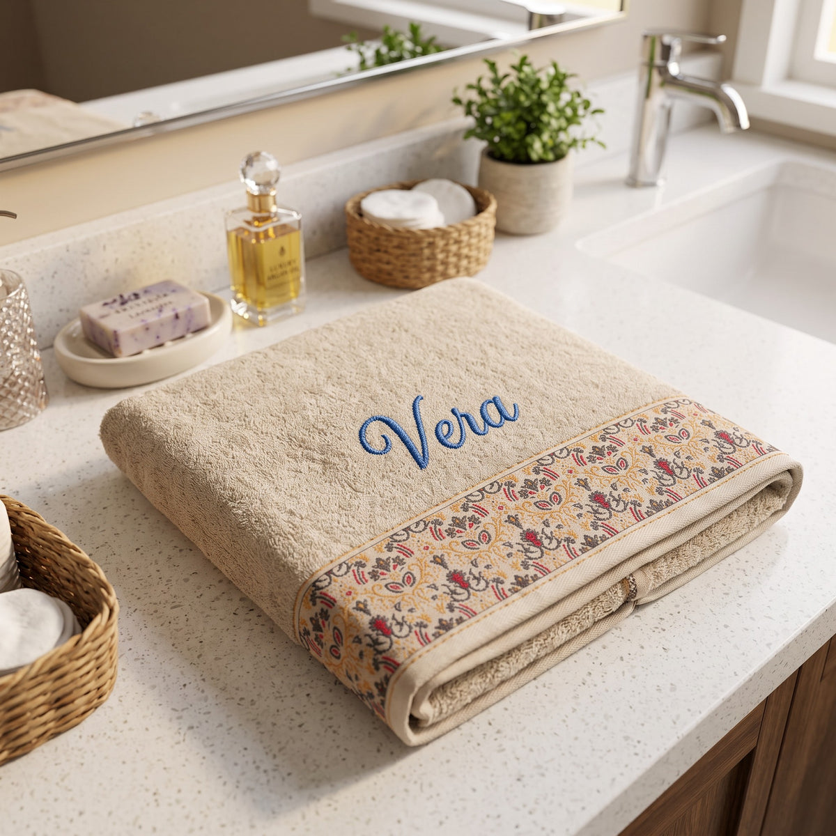 Vera personalized hair towel, blue script embroidery on cream cotton with a patterned border — photo 4