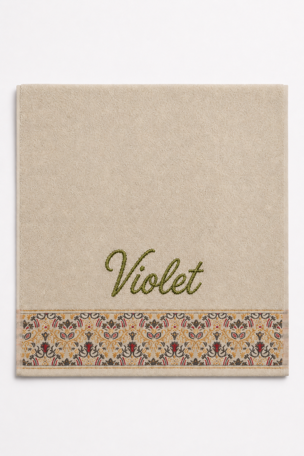 Violet personalized hair towel, olive green script embroidery on cream cotton with a patterned border