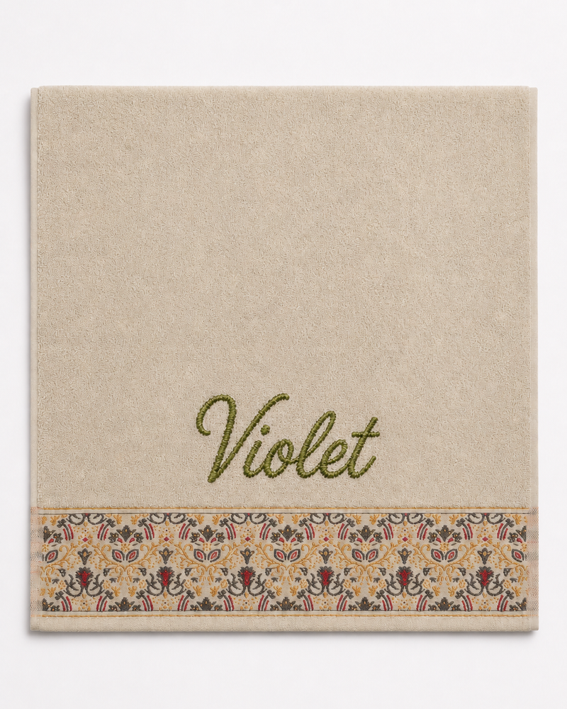 Wholesale Violet Embroidered Hair Towel in Cream | Bulk Personalized Cotton Towels, 25+ Pieces