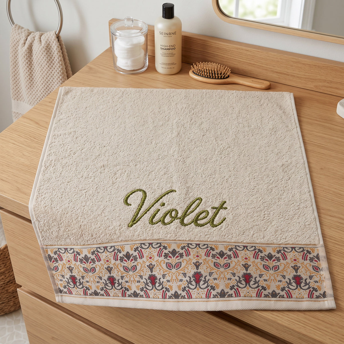 Violet personalized hair towel, olive green script embroidery on cream cotton with a patterned border — photo 3