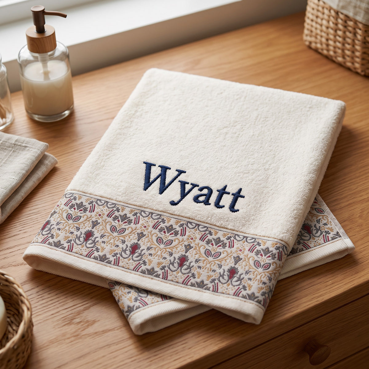 Wyatt personalized hair towel, navy serif embroidery on ivory cotton with a patterned border — photo 2