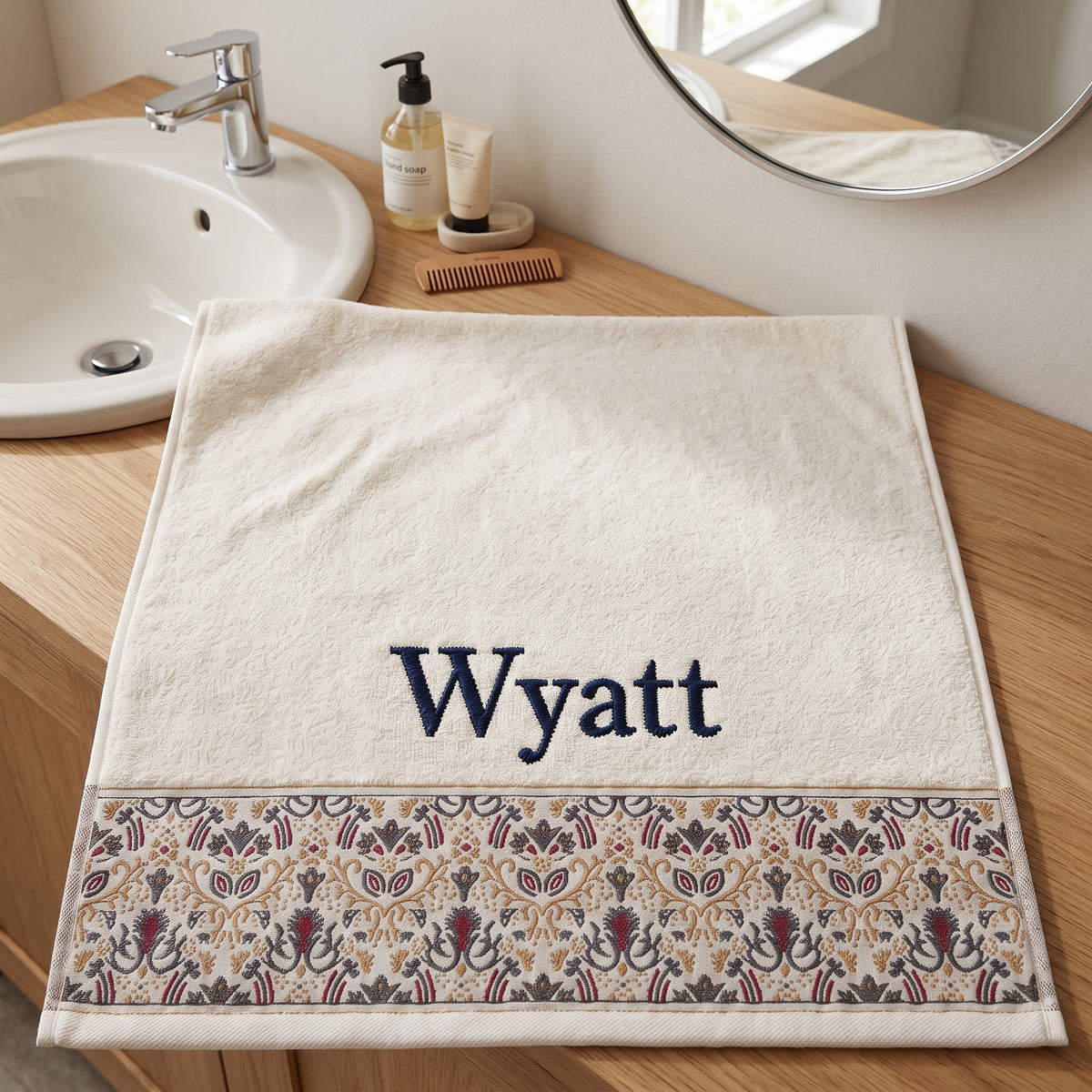 Wyatt personalized hair towel, navy serif embroidery on ivory cotton with a patterned border — photo 3