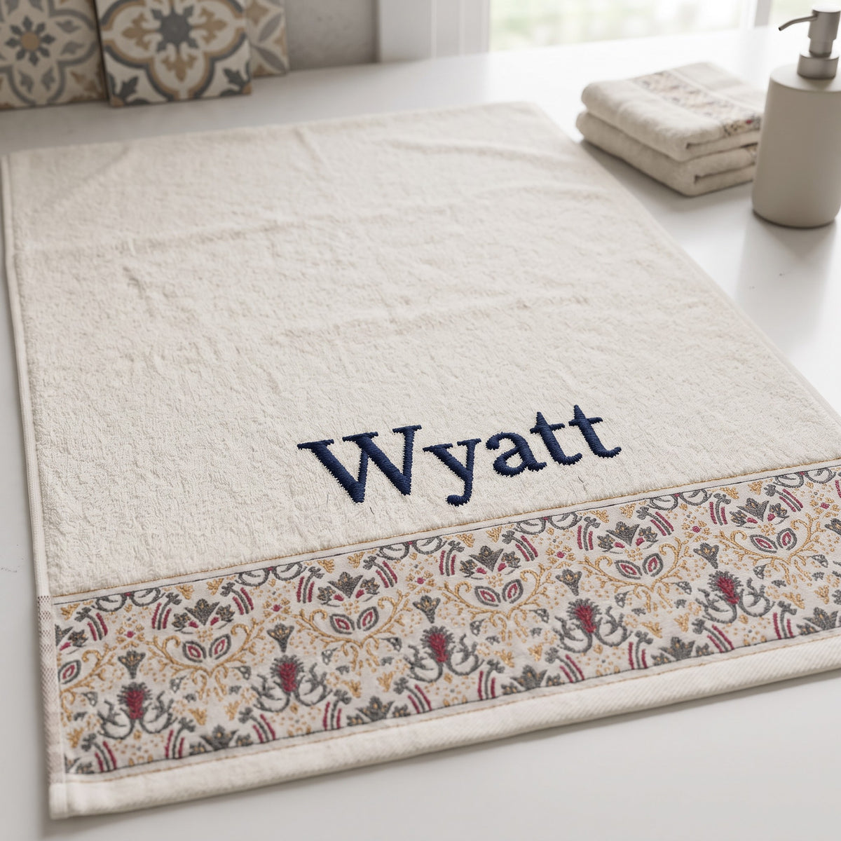 Wyatt personalized hair towel, navy serif embroidery on ivory cotton with a patterned border — photo 4