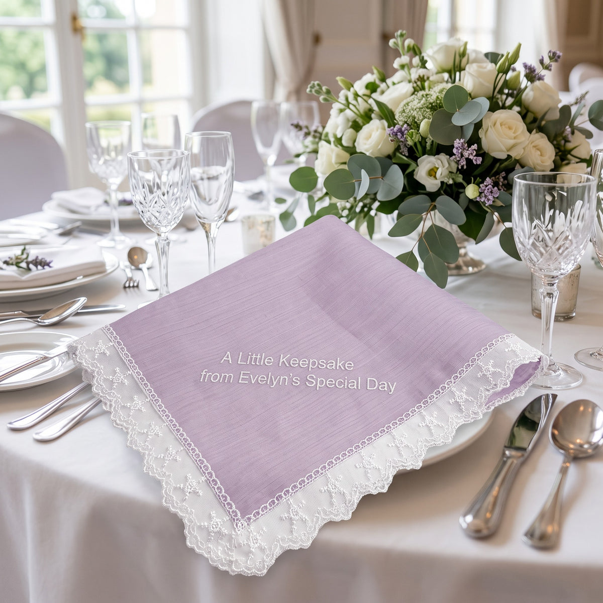 "A Little Keepsake" personalized wedding handkerchief, white embroidery on iridescent lilac organza with lace edge