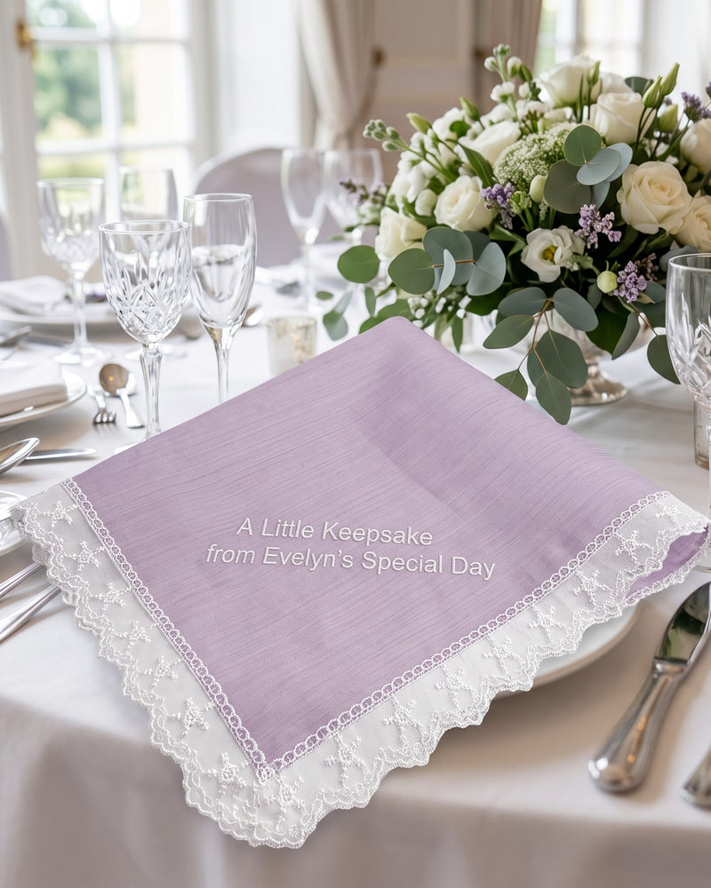 Wholesale "A Little Keepsake from Evelyn's Special Day" Wedding Handkerchief, Iridescent Lilac Organza | Bulk Personalized Handkerchiefs, 15+ Pieces
