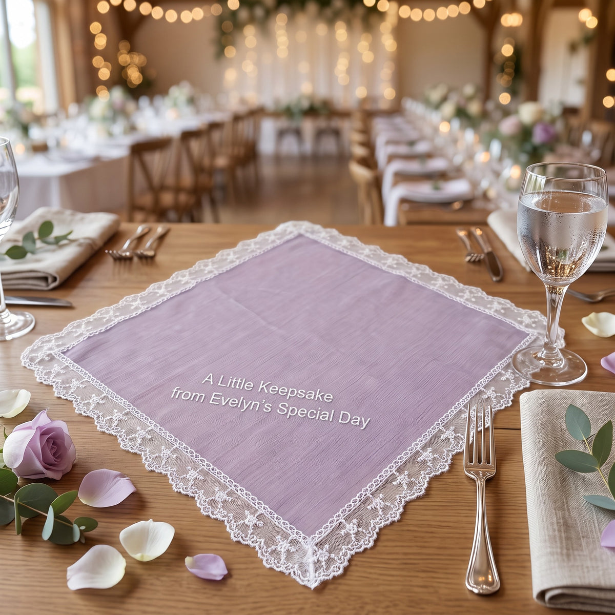"A Little Keepsake" personalized wedding handkerchief, white embroidery on iridescent lilac organza with lace edge — photo 2