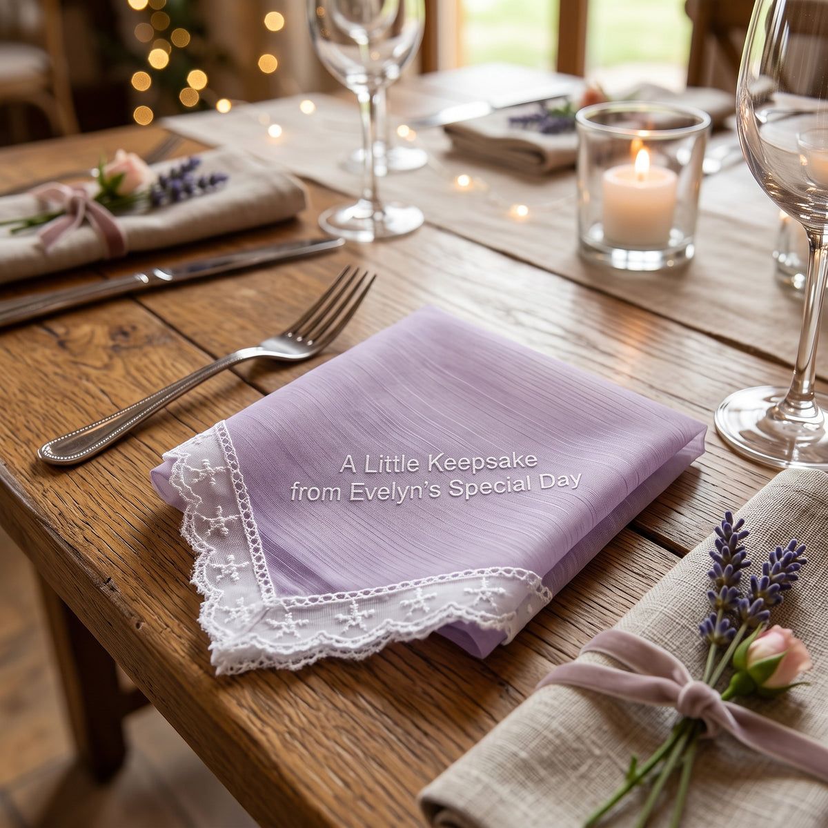 "A Little Keepsake" personalized wedding handkerchief, white embroidery on iridescent lilac organza with lace edge — photo 3